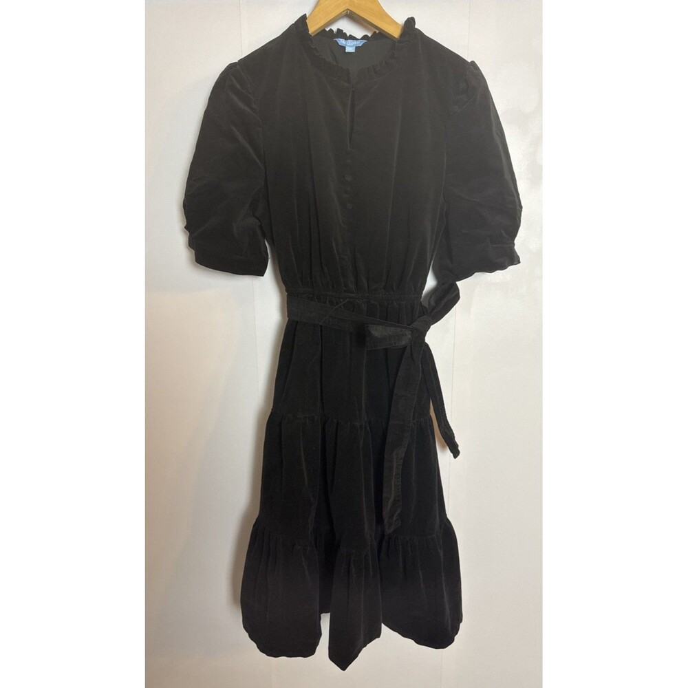 Draper James RSVP Black Corduroy Puff Sleeve Dress Tiered Wednesday Addams Goth